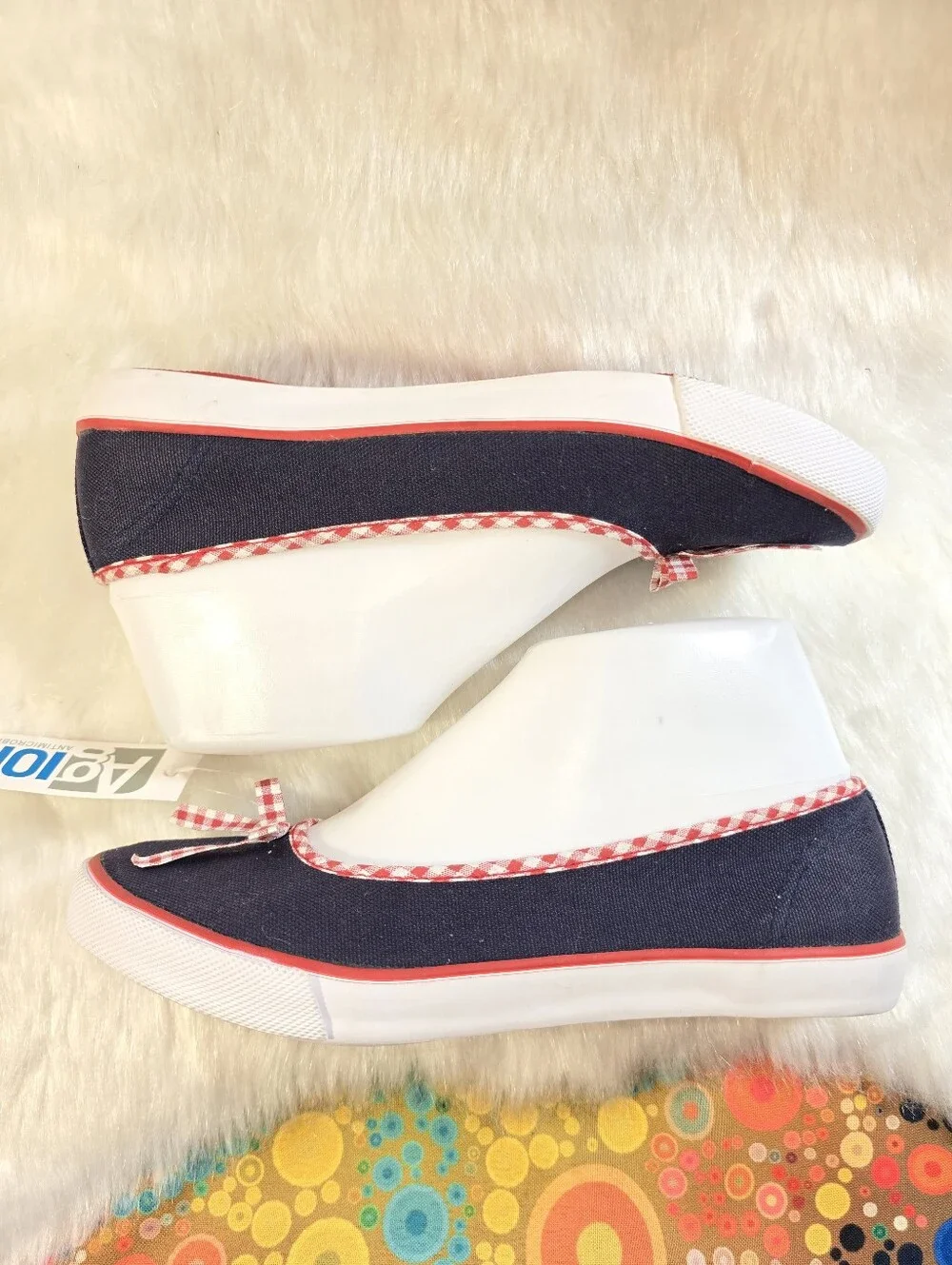 Lands End Girls Navy Canvas Ballet Flats with Red Gingham Trim & Bow